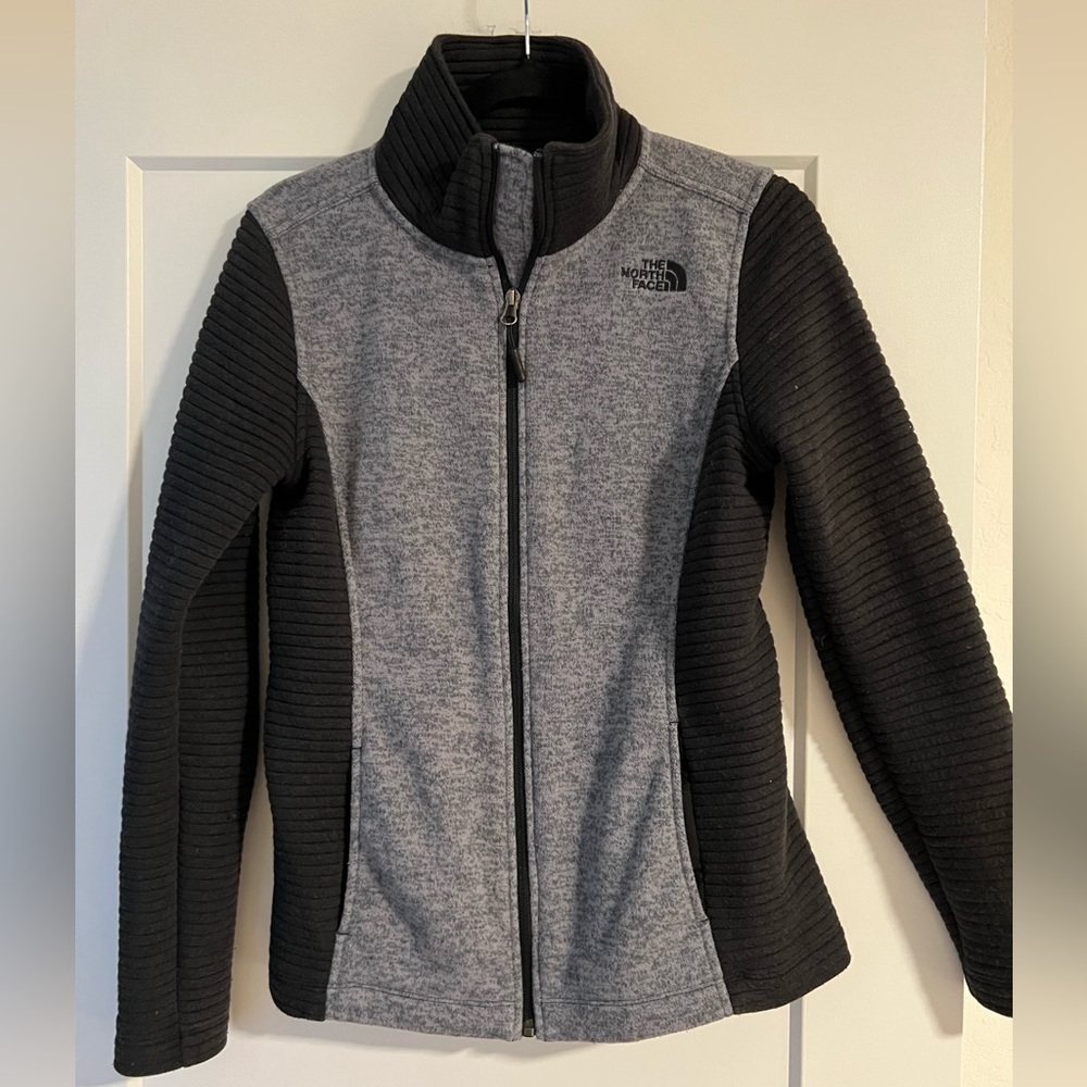 The North Face zipper jacket, soft warm, black grey, moto ribbed